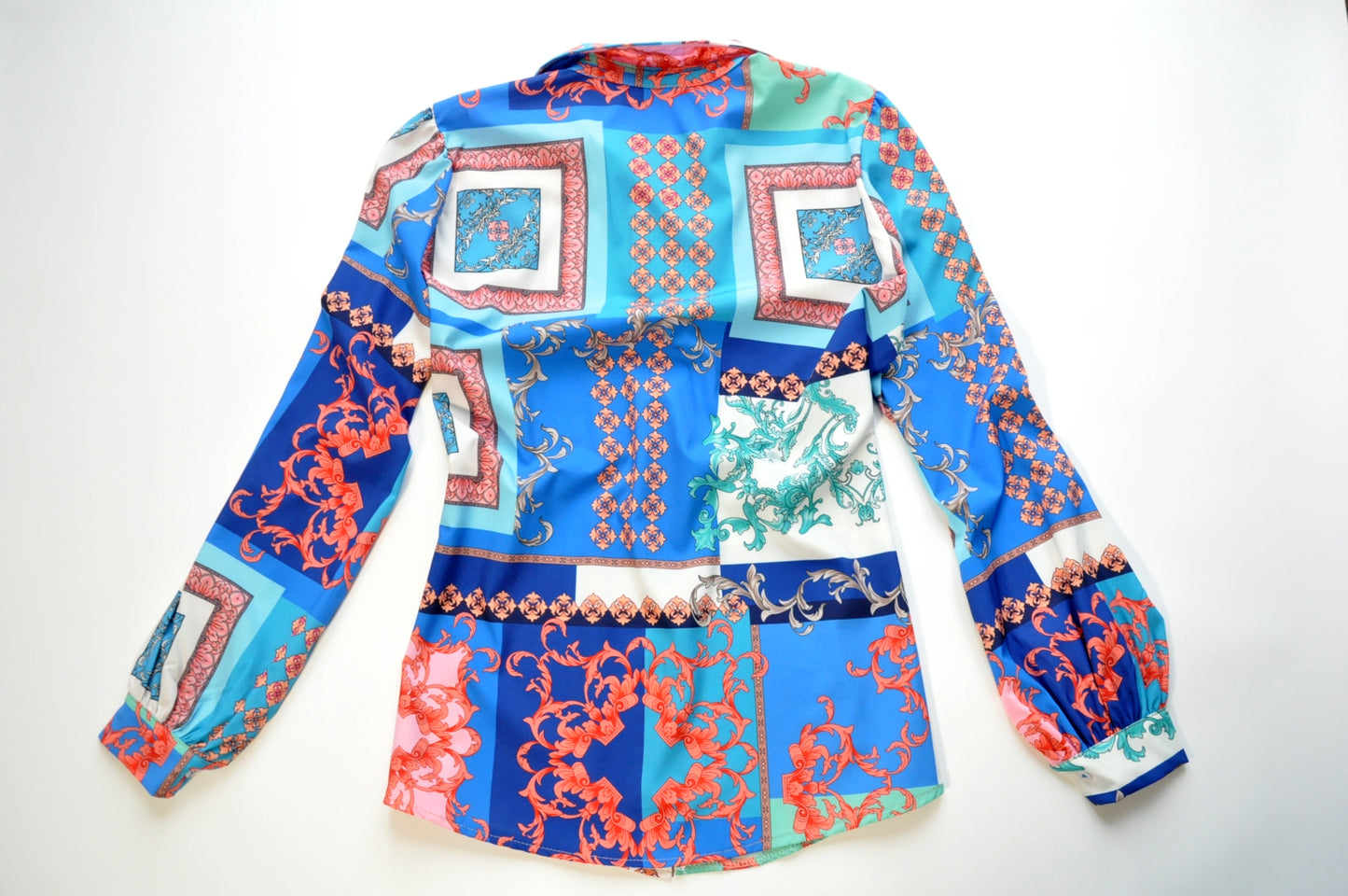 Graphic-print barocco multi-panel blue shirt