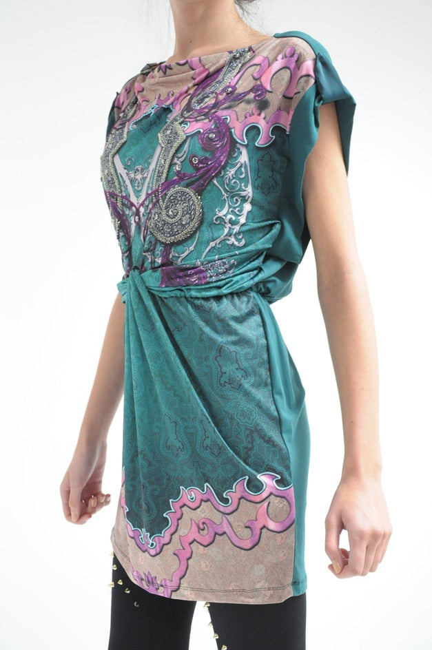 Bottle Green Rhinestone Embellished Printed Mini Dress