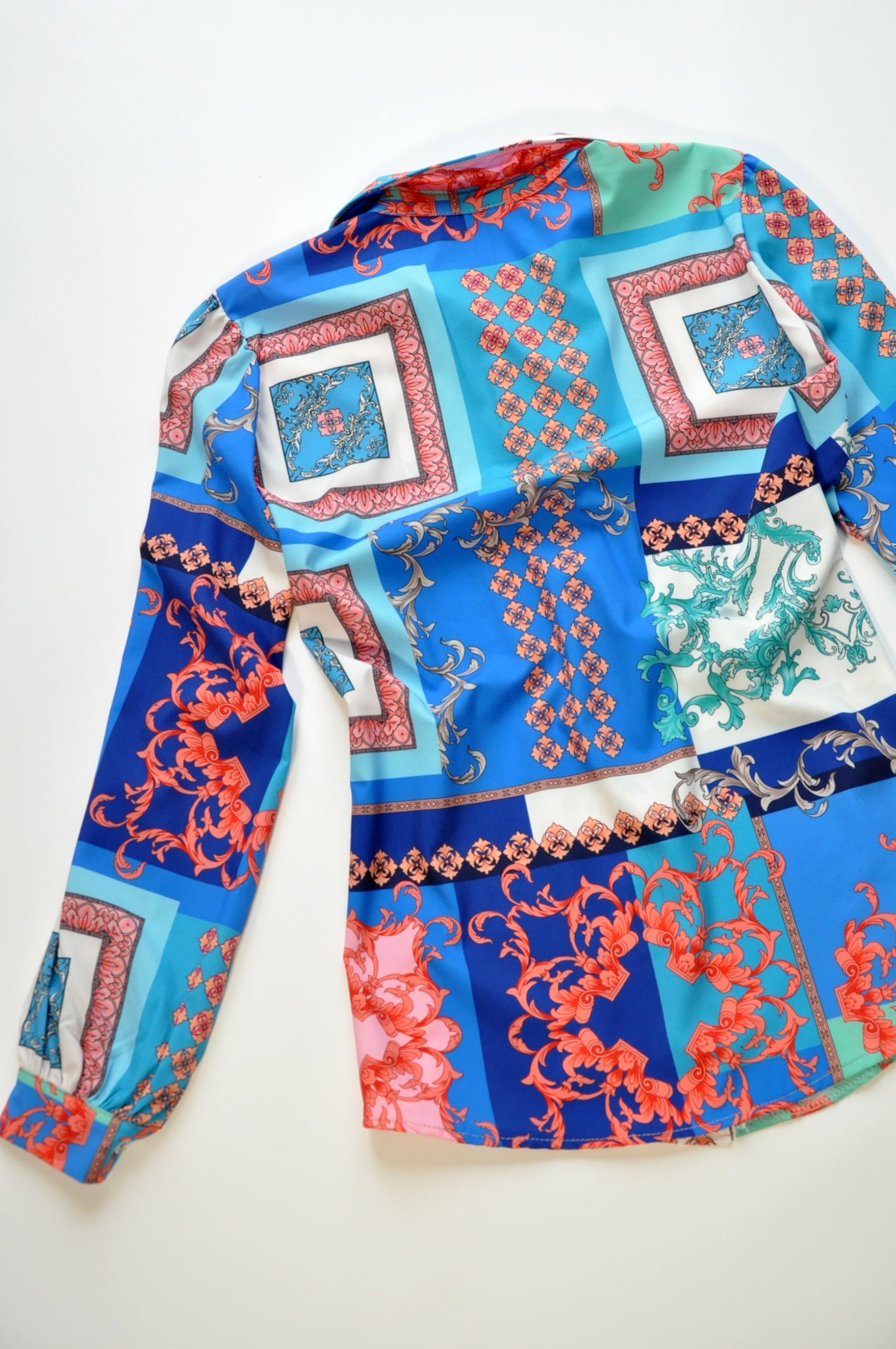 Graphic-print barocco multi-panel blue shirt