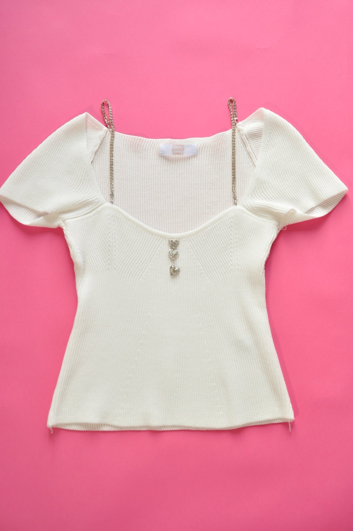 White corset shape detail crop top with gem chain stripes