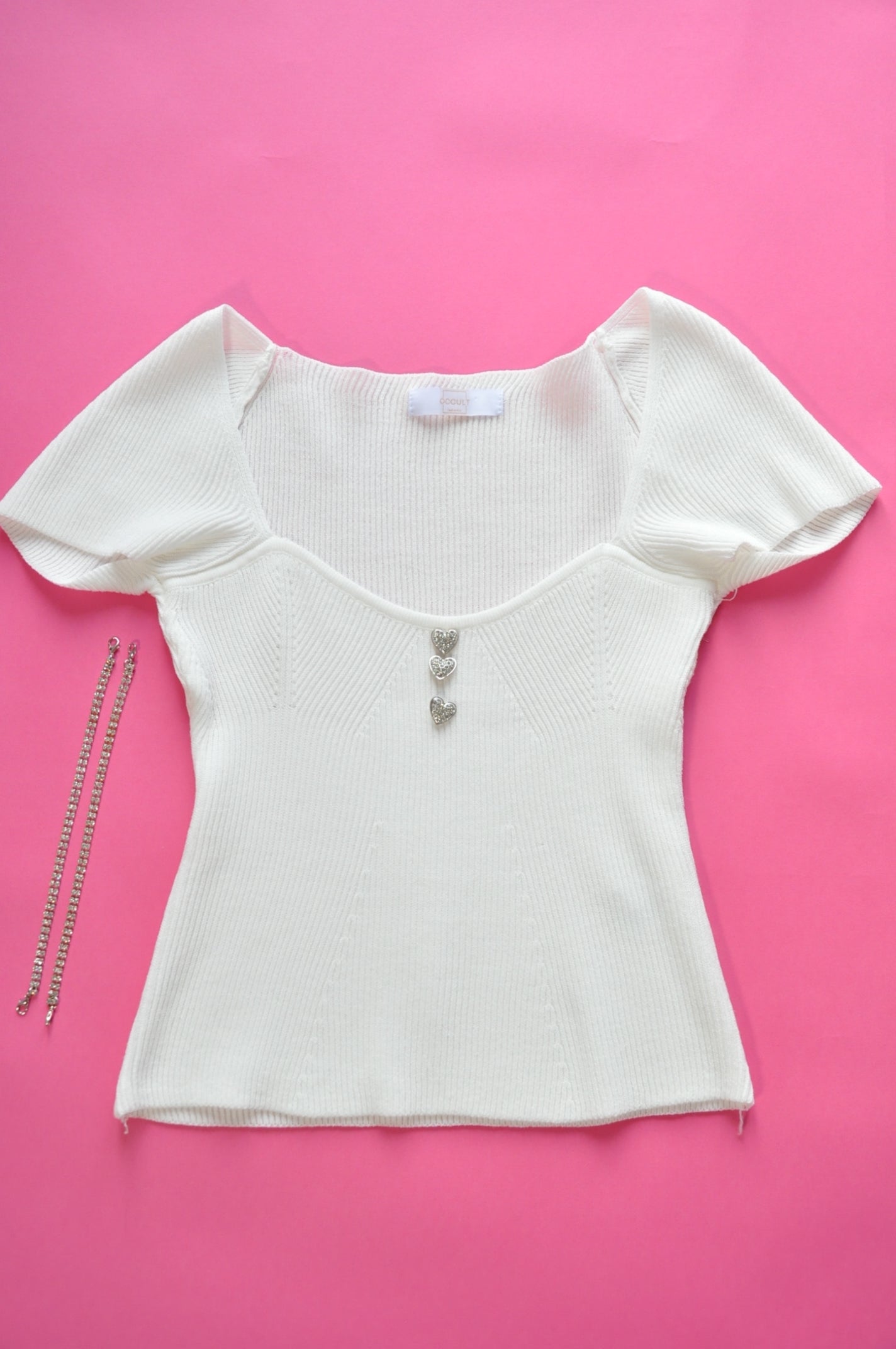 White corset shape detail crop top with gem chain stripes