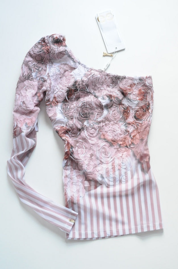 Light Pink 3D Rose Embellishing Sheer Asymmetric Blouse