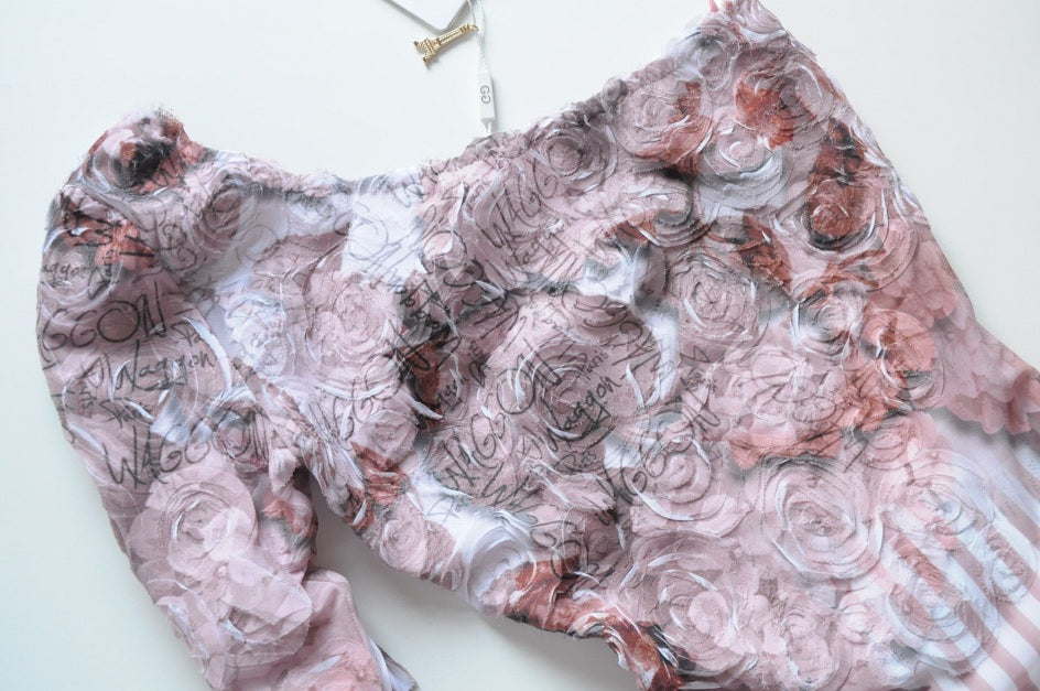 Light Pink 3D Rose Embellishing Sheer Asymmetric Blouse