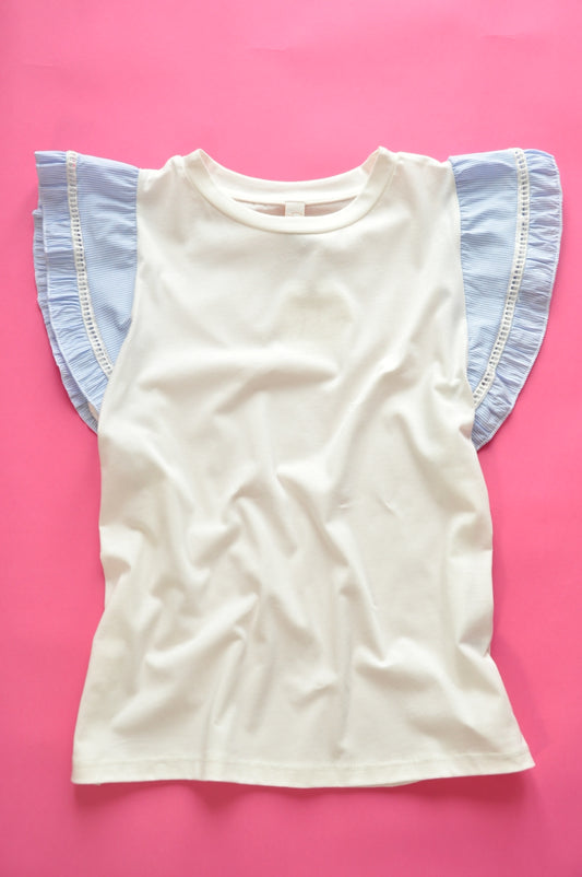 White straight-cut t-shirt with frilled baby blue sleeves