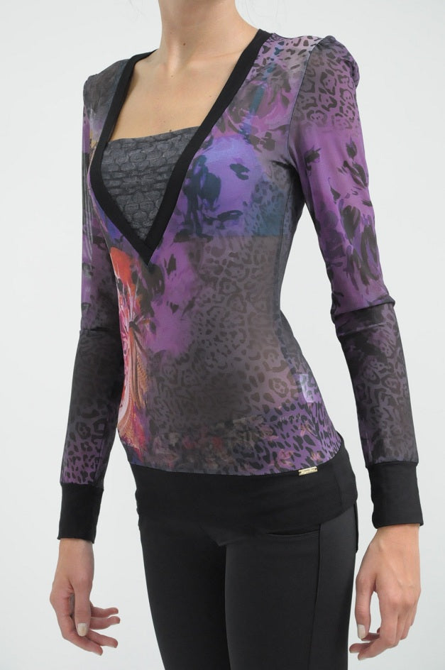 Purple Printed Sheer Long Sleeves Stretchy Blouse