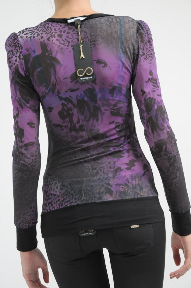 Purple Printed Sheer Long Sleeves Stretchy Blouse