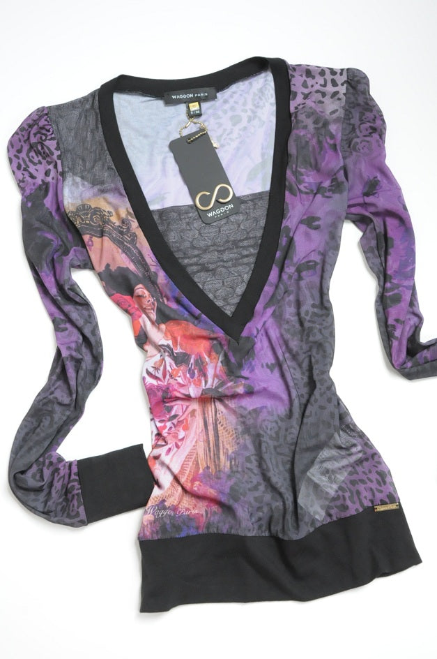 Purple Printed Sheer Long Sleeves Stretchy Blouse