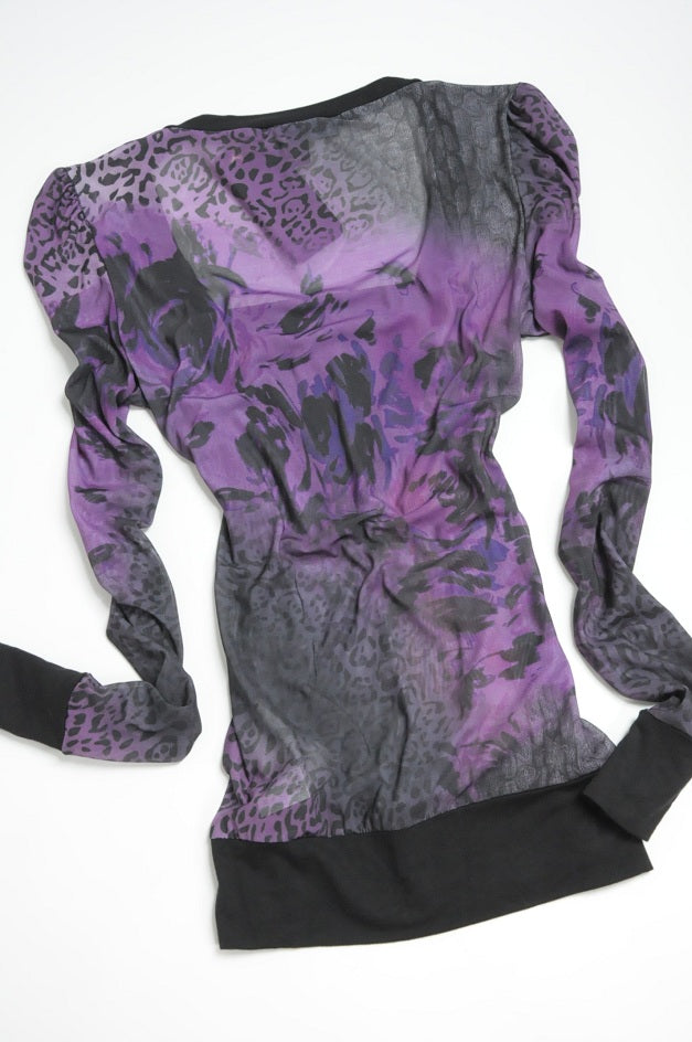 Purple Printed Sheer Long Sleeves Stretchy Blouse