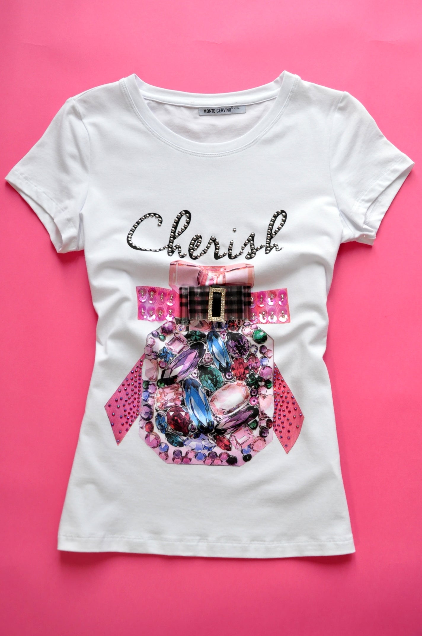 White printed bottle perfum t-shirt with 3D detail