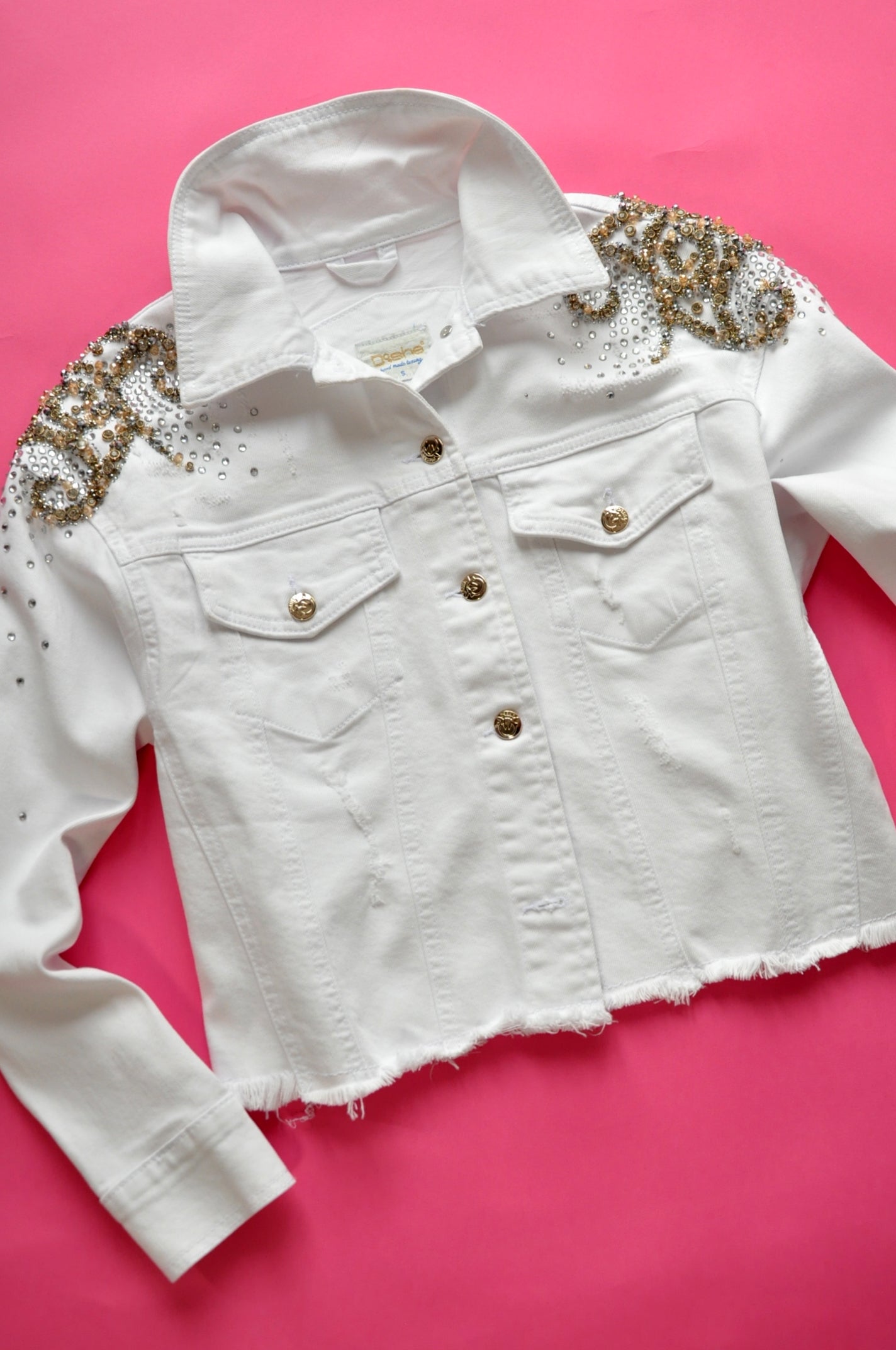 Crystal-embellished cropped white denim jacket