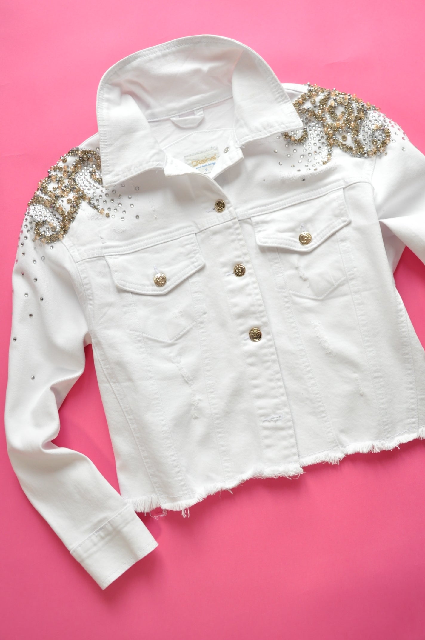 Crystal-embellished cropped white denim jacket