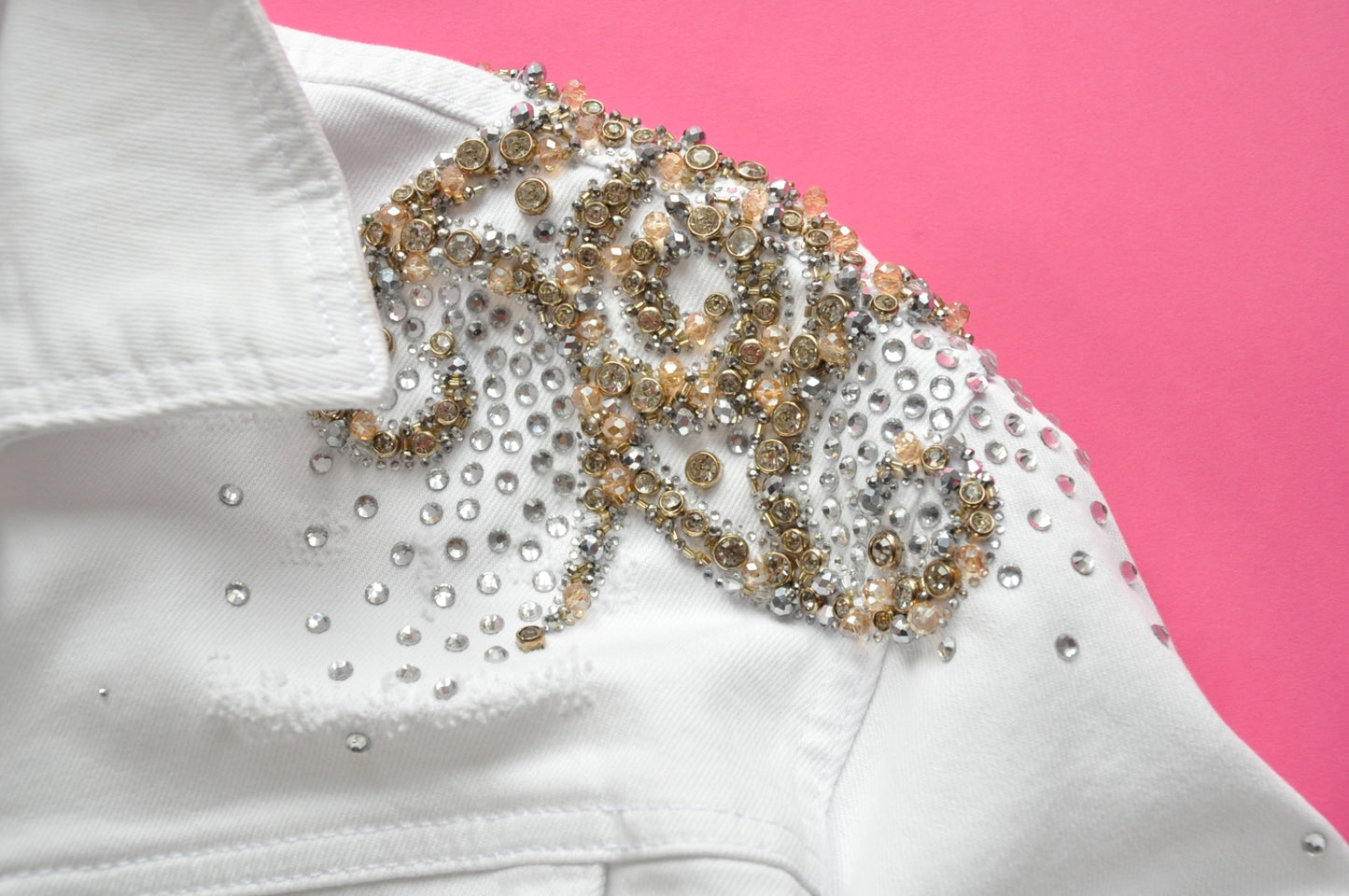 Crystal-embellished cropped white denim jacket