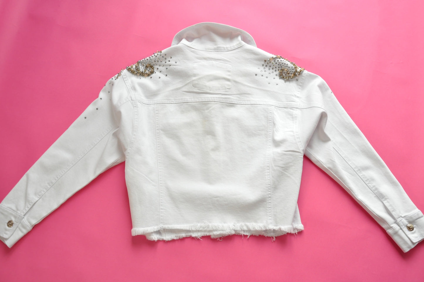 Crystal-embellished cropped white denim jacket