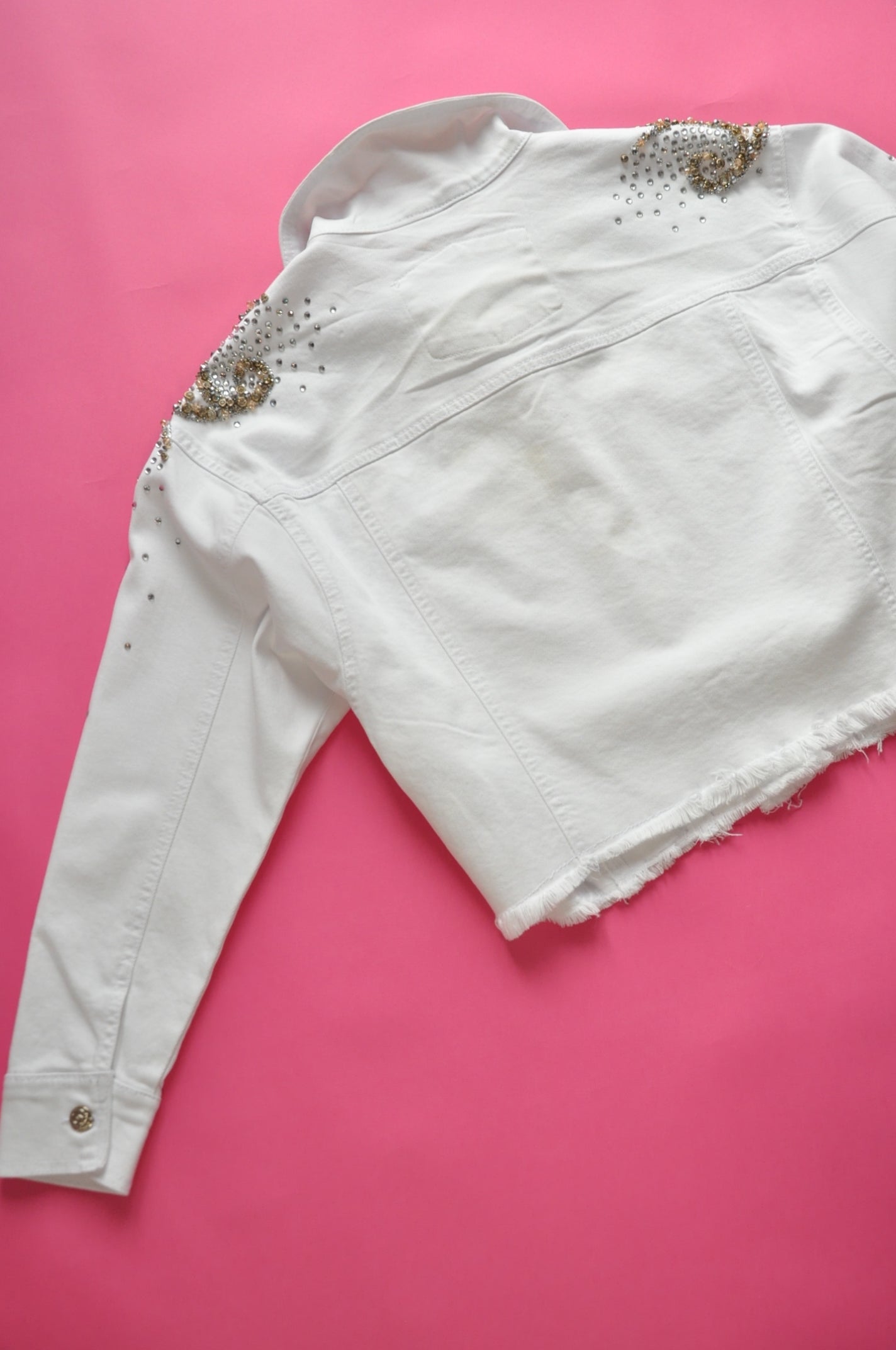 Crystal-embellished cropped white denim jacket