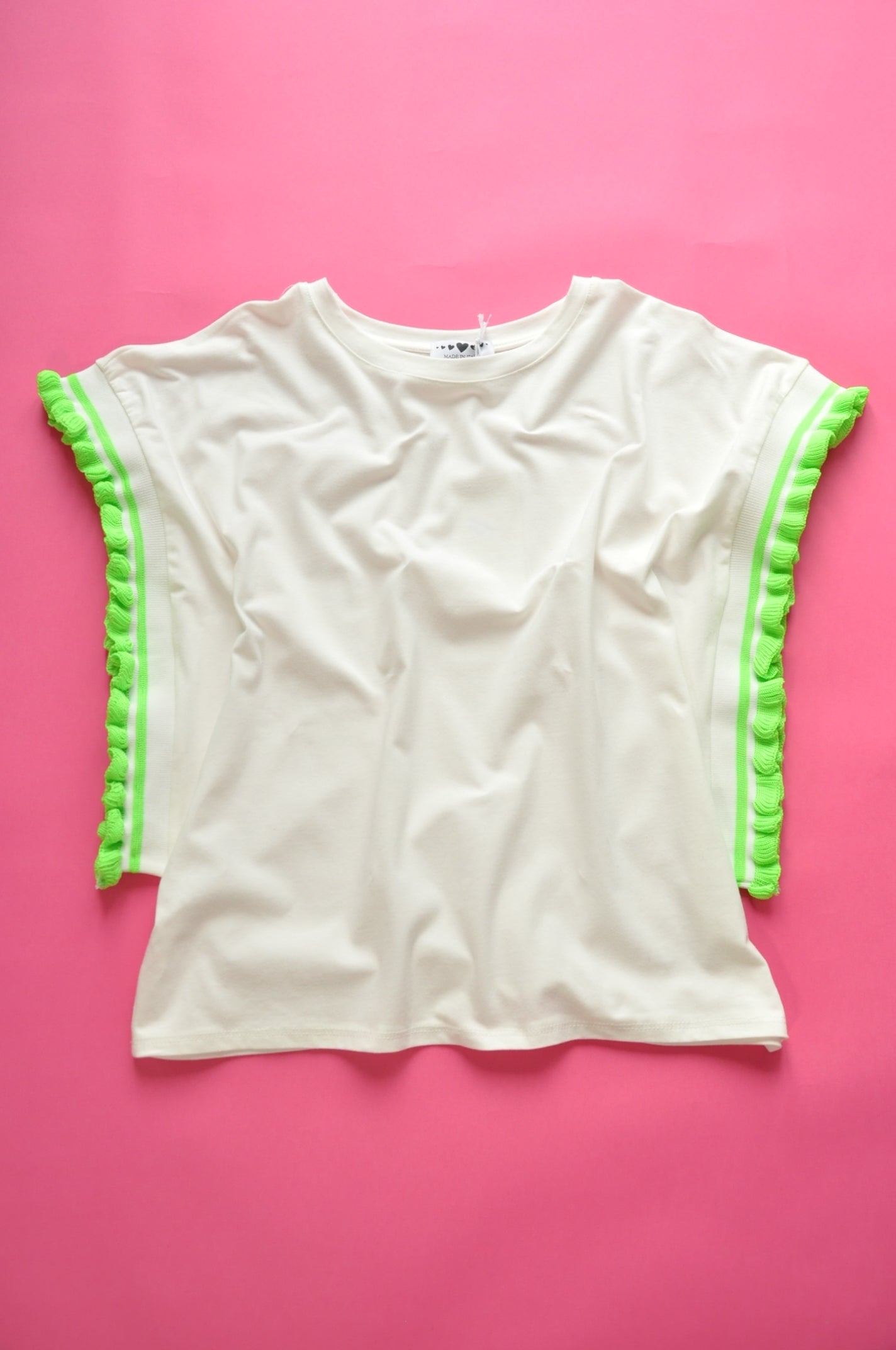 Cream soft cotton tee with extreme knit frill neon green sleeves