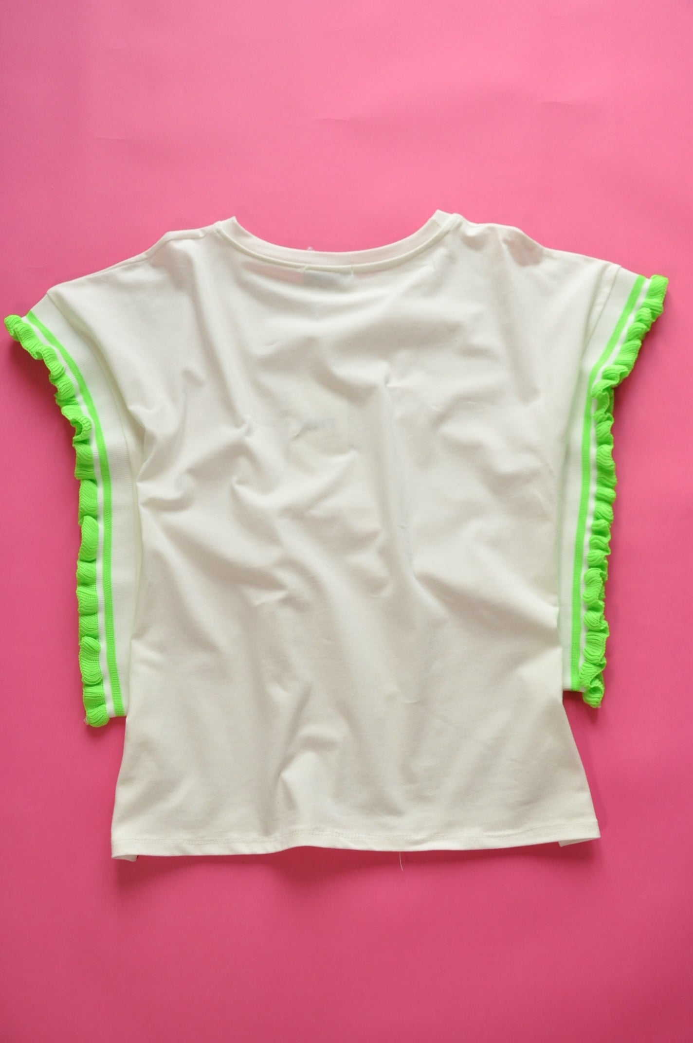 Cream soft cotton tee with extreme knit frill neon green sleeves