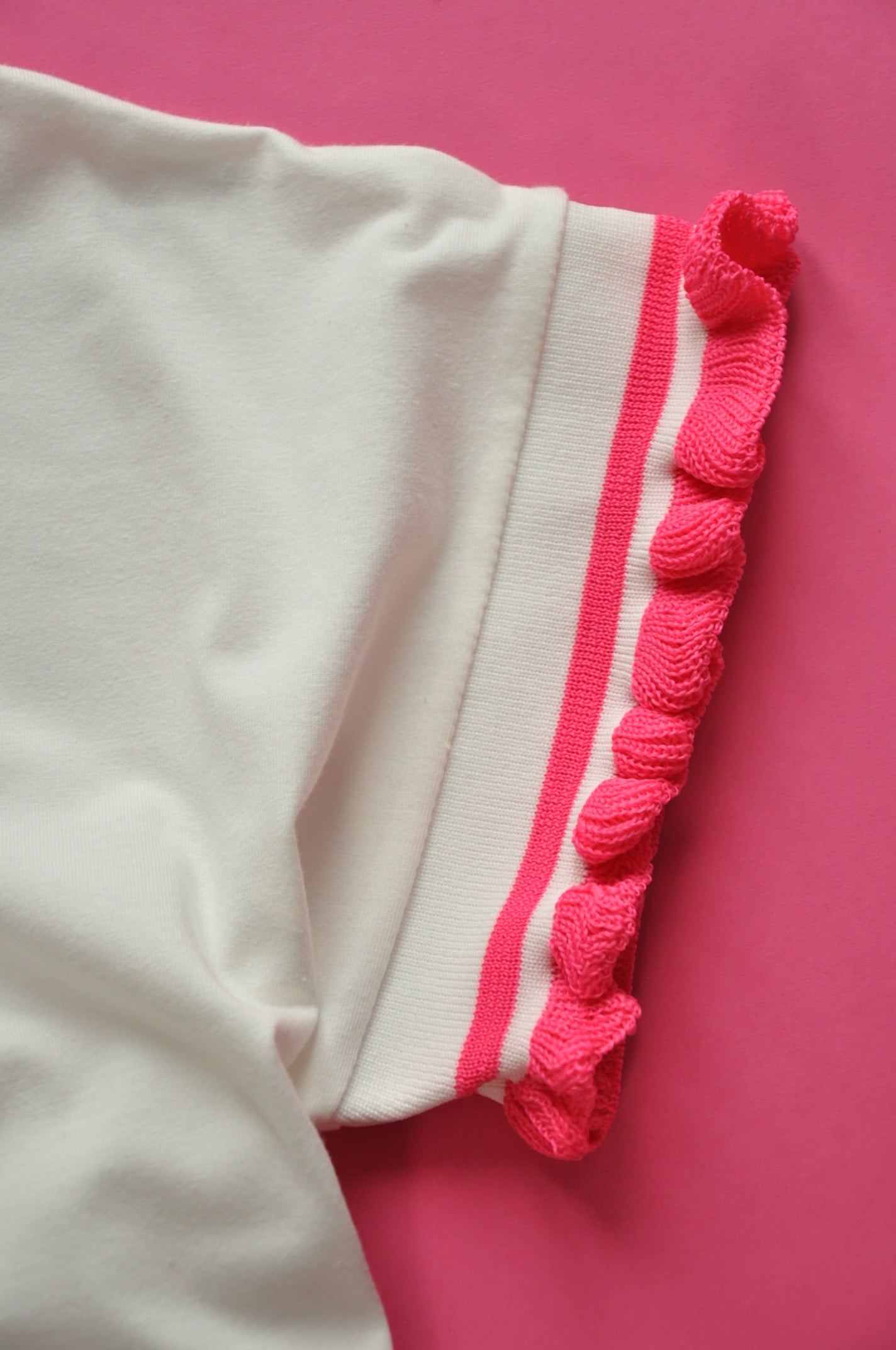 Cream soft cotton tee with pink knit frill sleeves