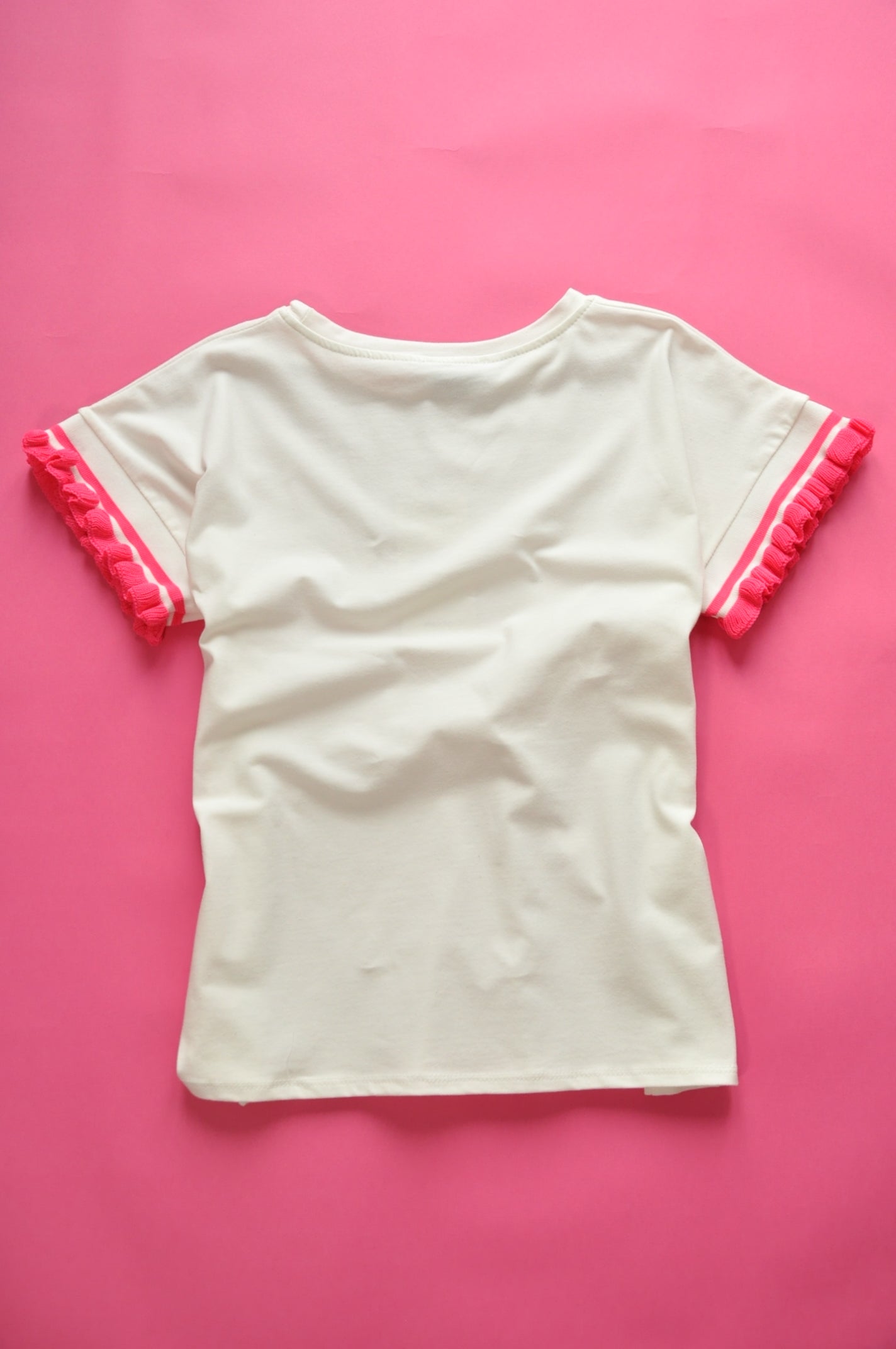 Cream soft cotton tee with pink knit frill sleeves