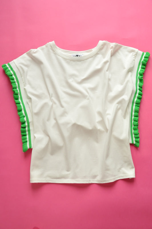 Cream soft cotton tee with extreme knit frill green sleeves