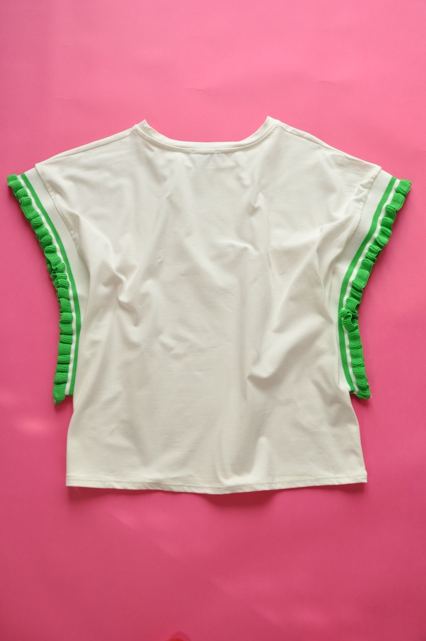 Cream soft cotton tee with extreme knit frill green sleeves