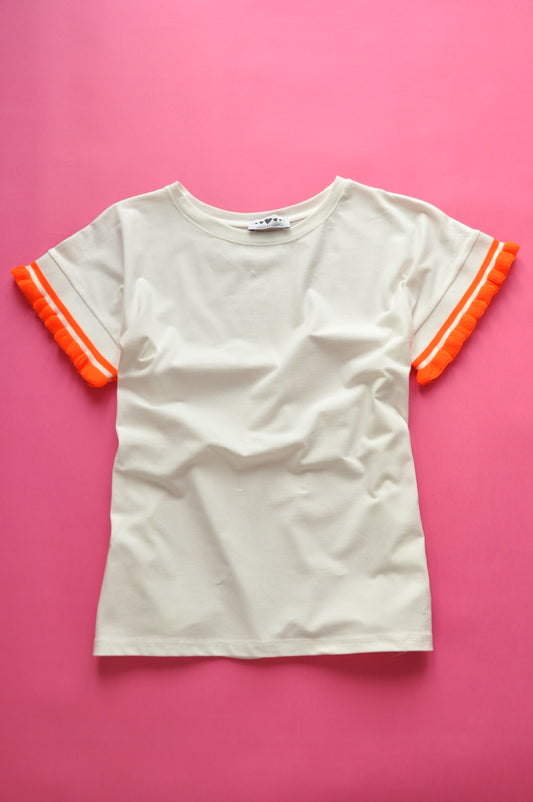 Cream soft cotton tee with neon orange knit frill sleeves