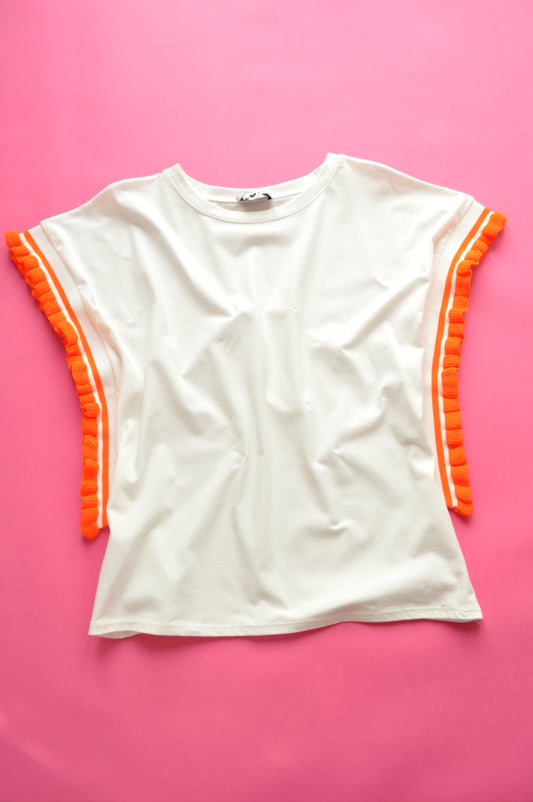 Cream soft cotton tee with extreme knit frill orange sleeves