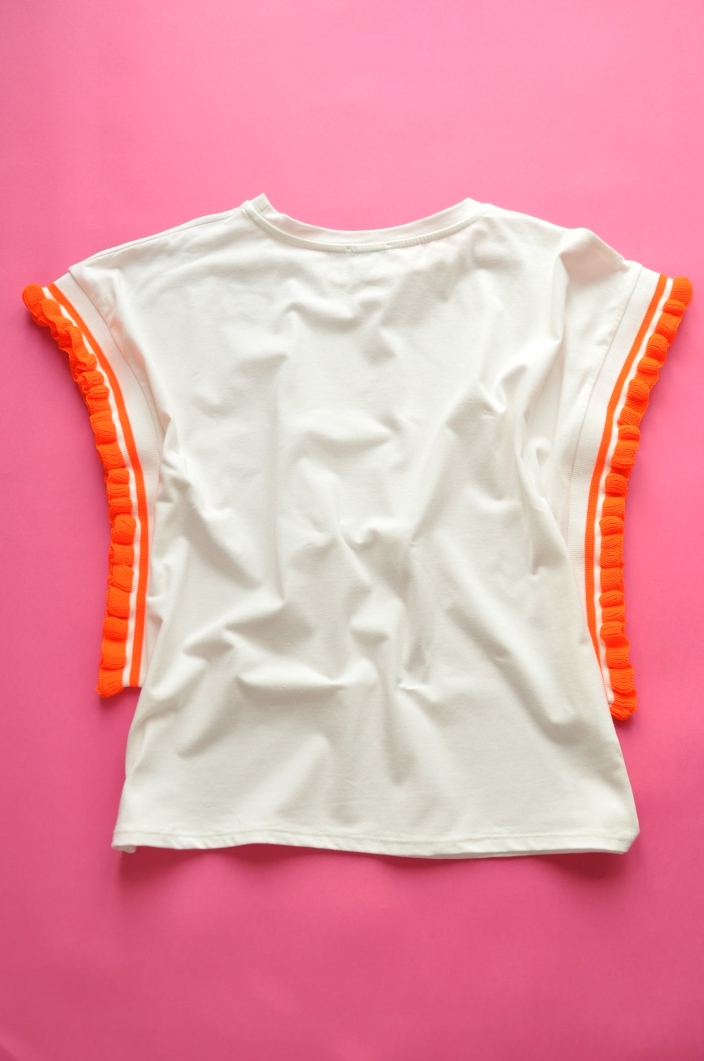 Cream soft cotton tee with extreme knit frill orange sleeves