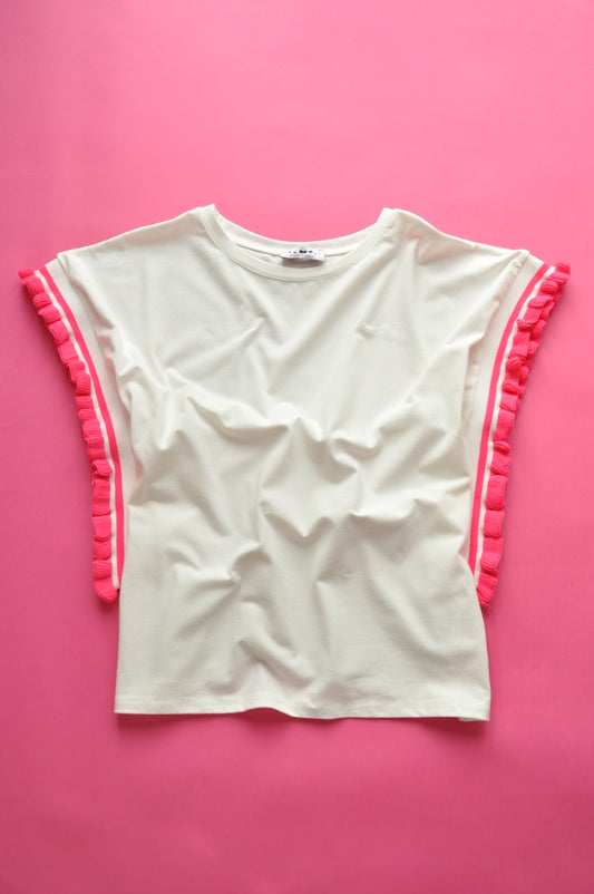 Cream soft cotton tee with extreme knit frill pink sleeves