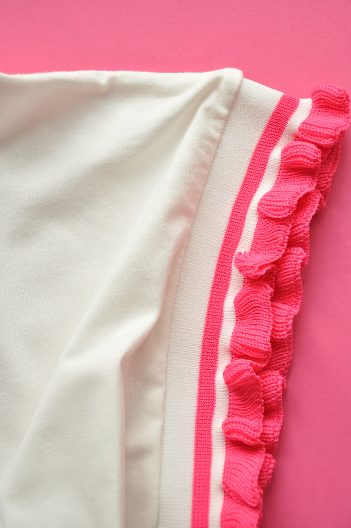 Cream soft cotton tee with extreme knit frill pink sleeves