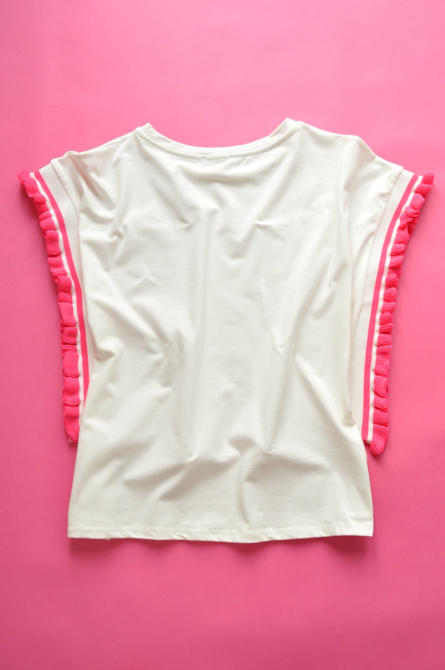 Cream soft cotton tee with extreme knit frill pink sleeves