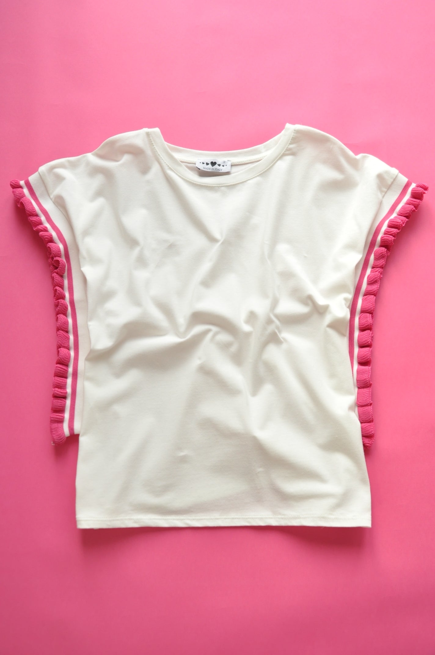 Cream soft cotton tee with extreme knit frill fuchsia sleeves