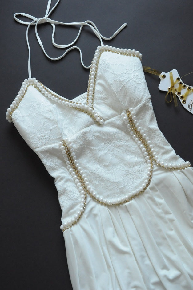 White Lace Diamond and Pearls Embellished Mini Dress