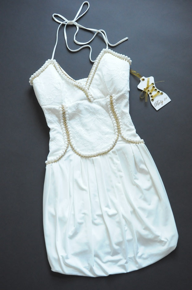 White Lace Diamond and Pearls Embellished Mini Dress