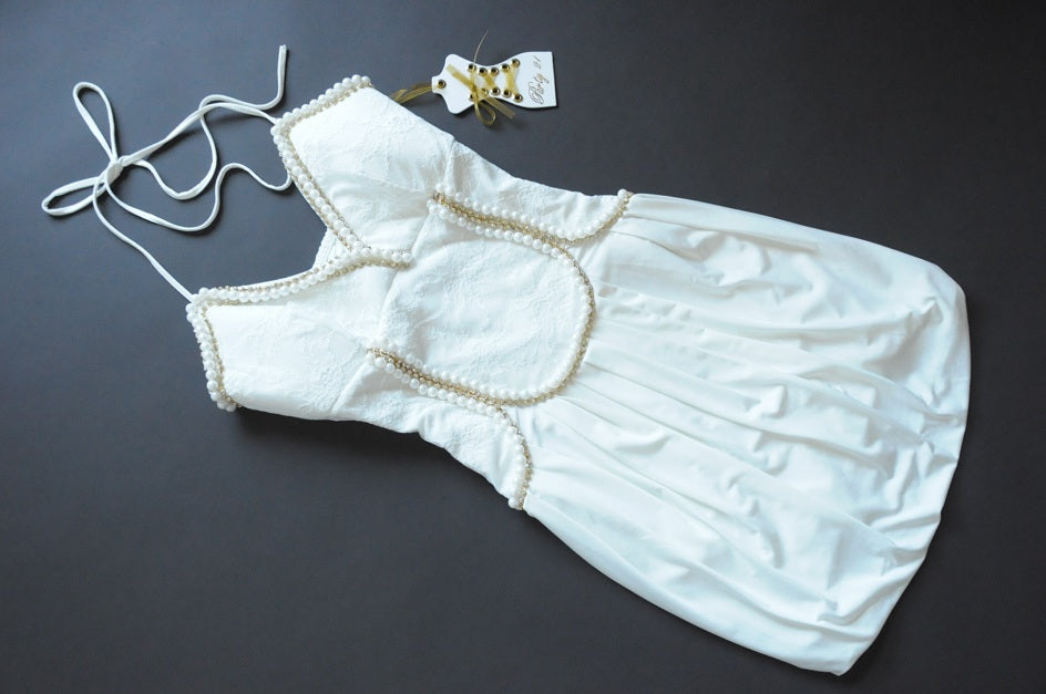 White Lace Diamond and Pearls Embellished Mini Dress