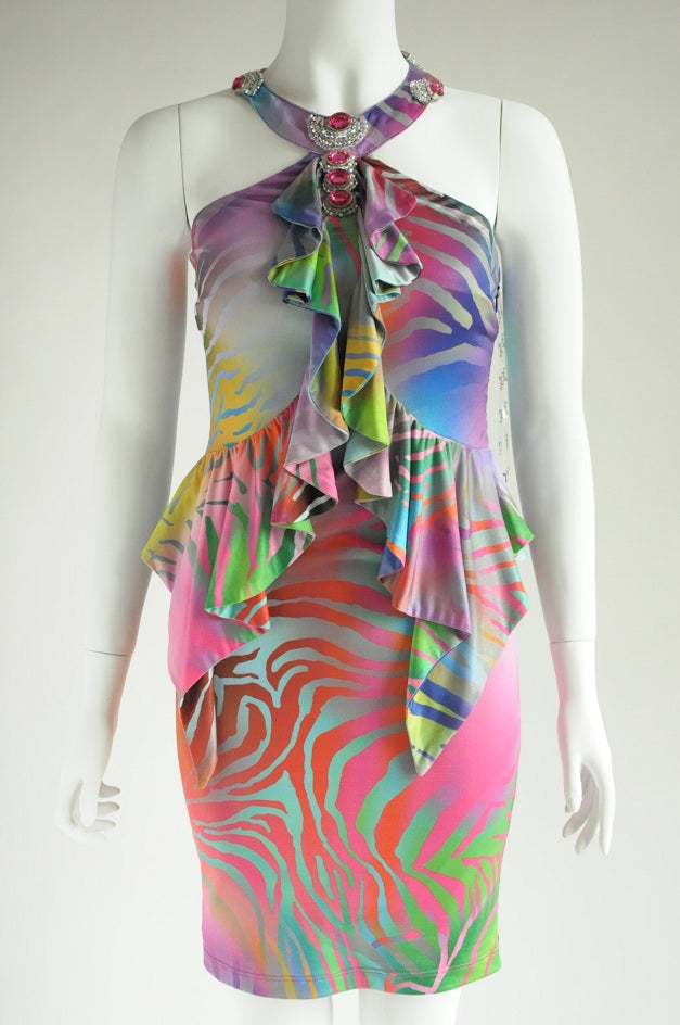 Purple Abstract Print Backless Mini Dress