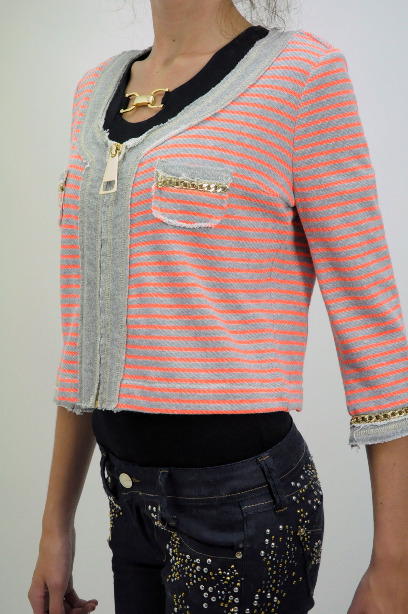 Gold Chain Neon Stripped Cotton Cropped Jacket