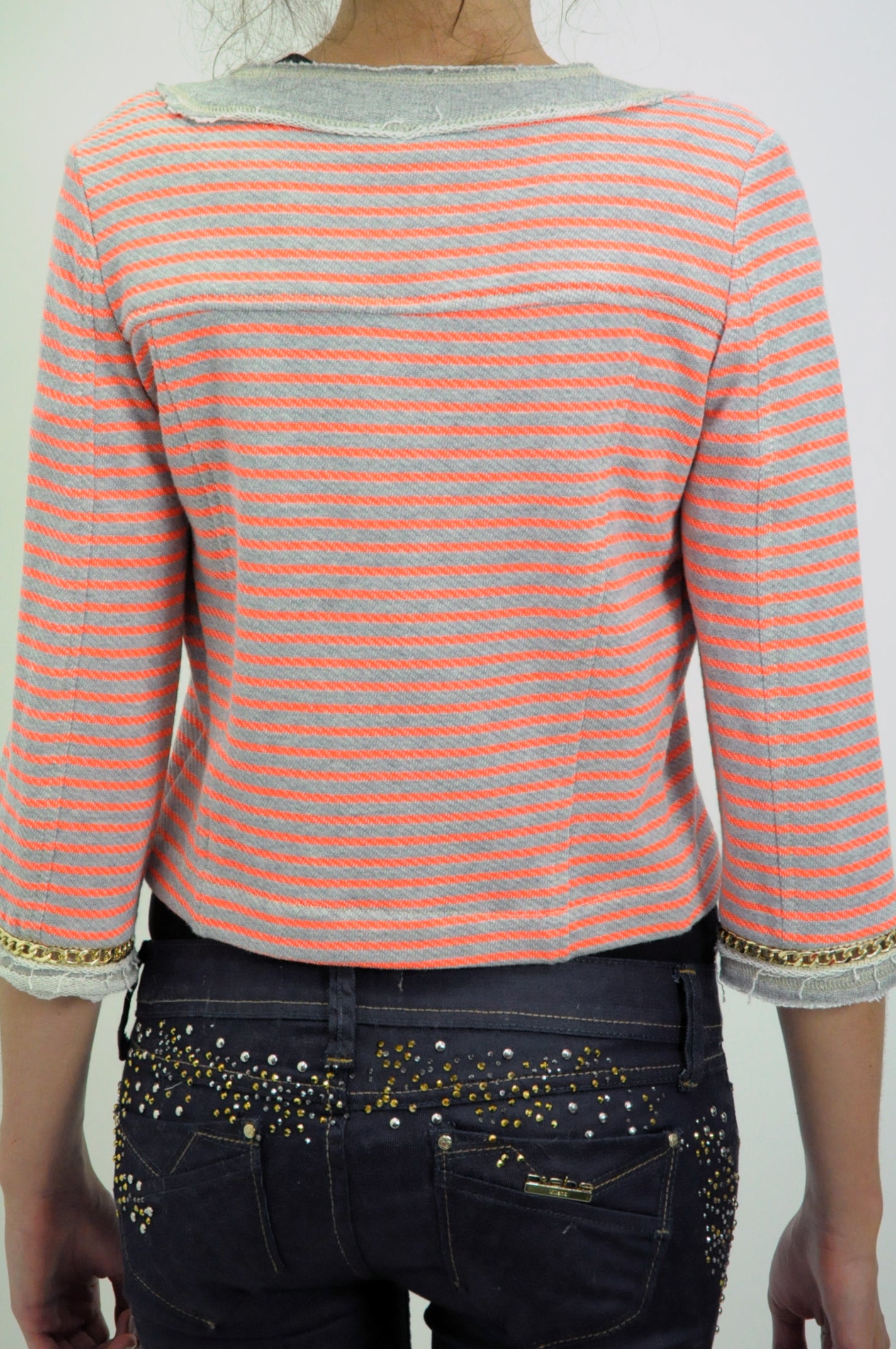 Gold Chain Neon Stripped Cotton Cropped Jacket