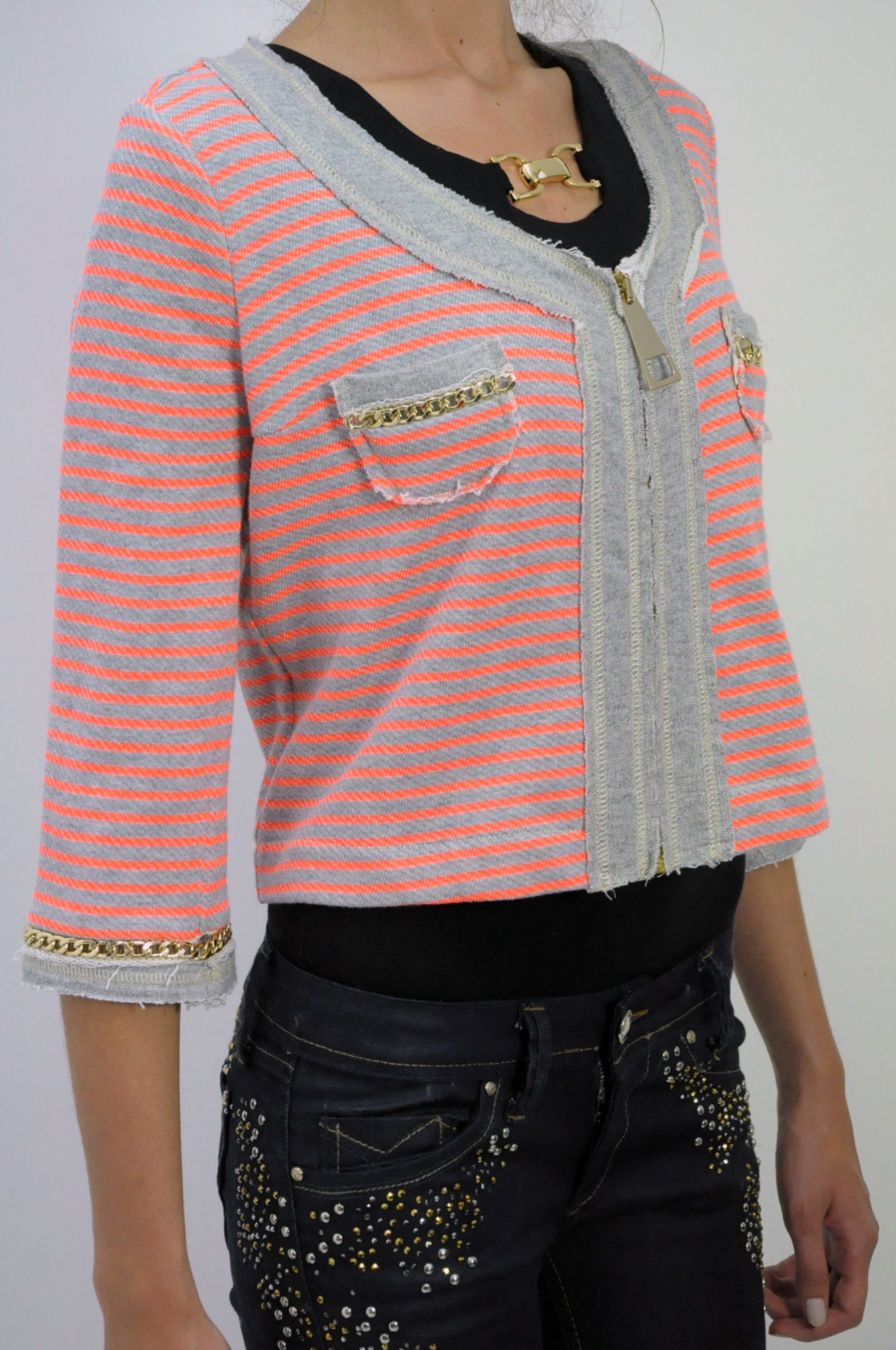 Gold Chain Neon Stripped Cotton Cropped Jacket