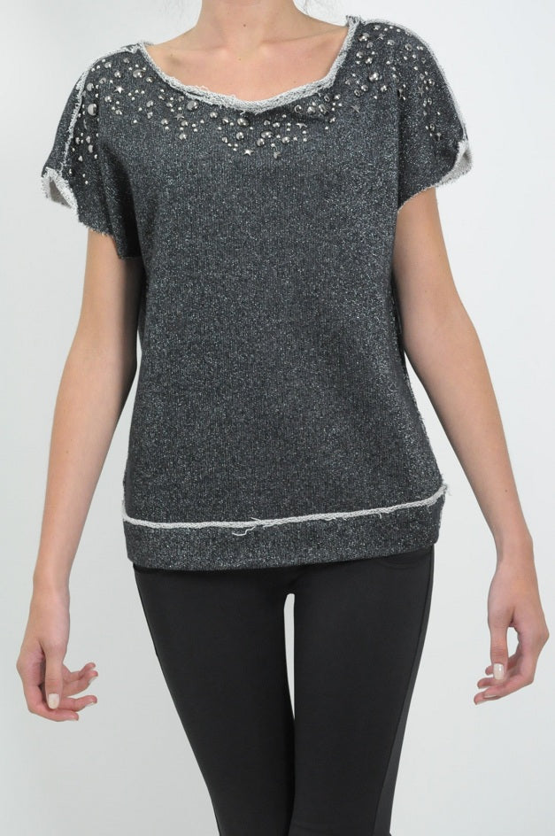 Grey Lurex Studded Knitted Blouse