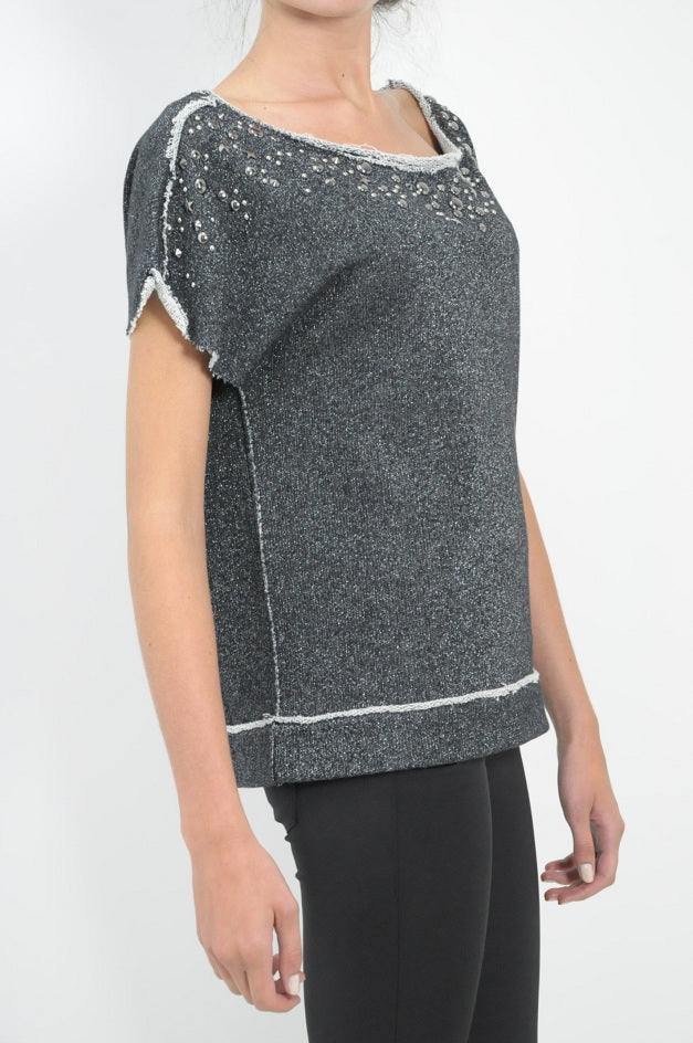 Grey Lurex Studded Knitted Blouse