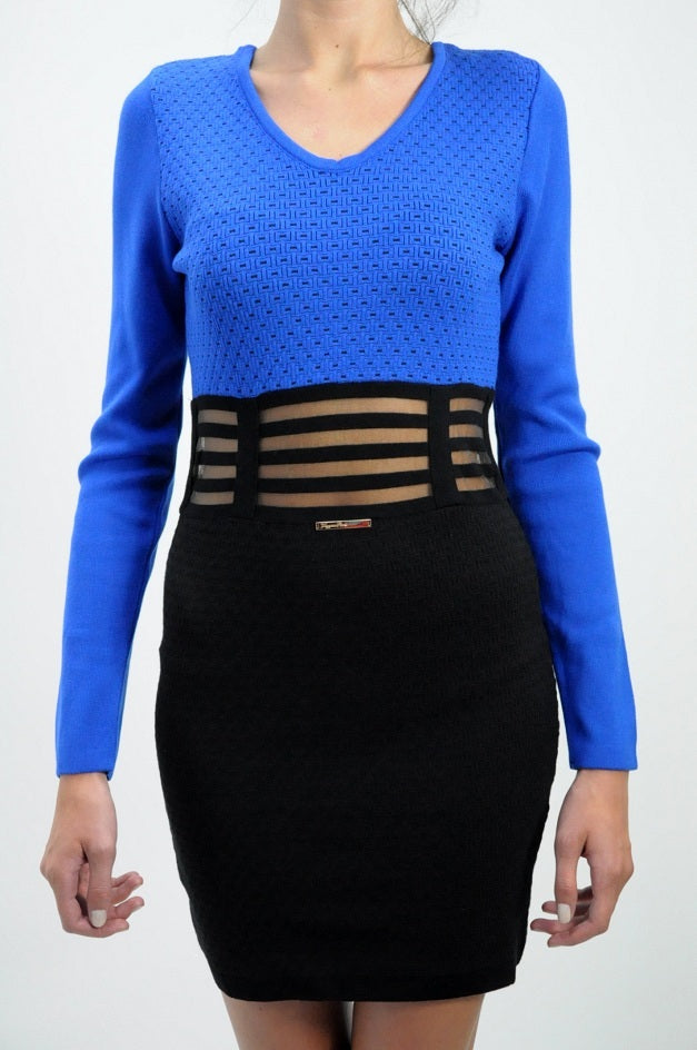 Blue Knitted Sheer Waist Jumper Dress