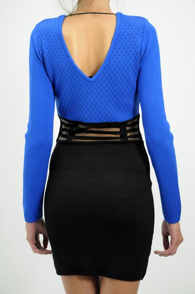 Blue Knitted Sheer Waist Jumper Dress