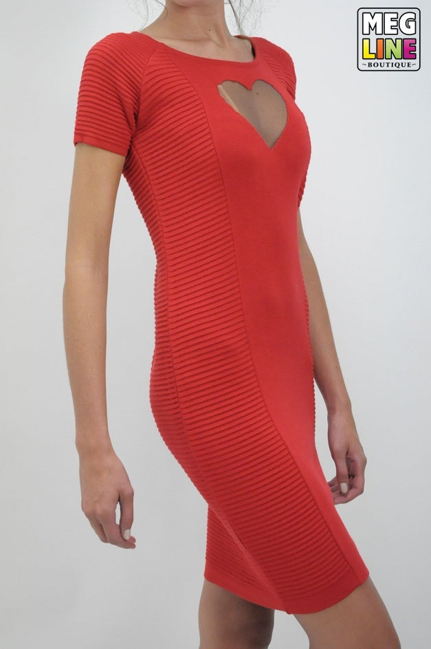 Red Knitted Heart Sheer Neck Bodycon Dress