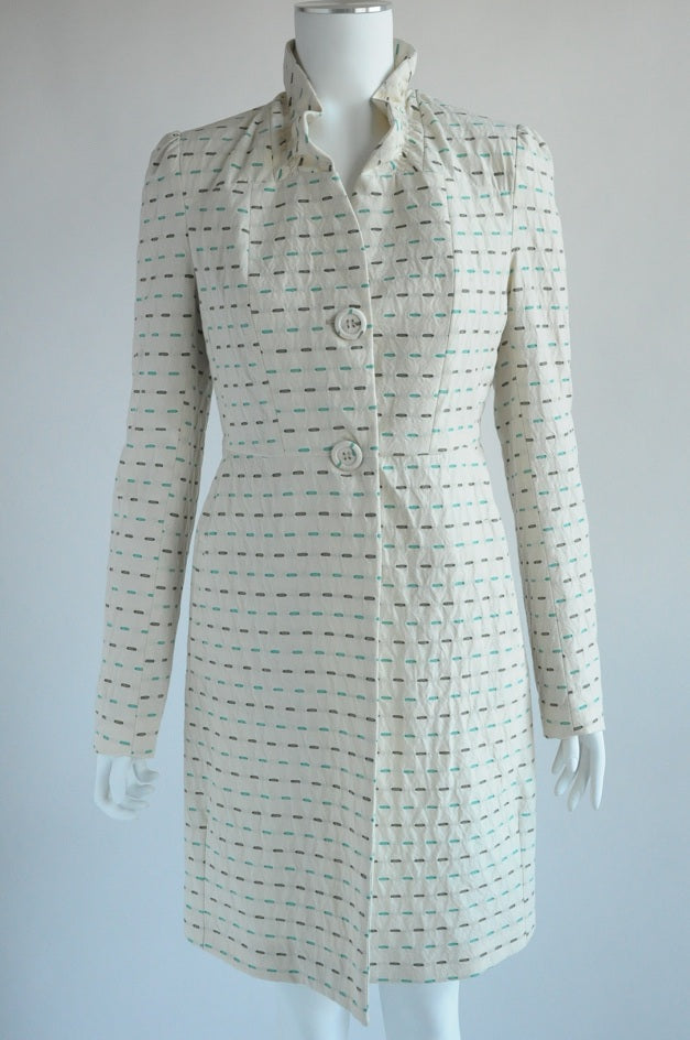 Cream Single Breasted Stripped Cotton Coat