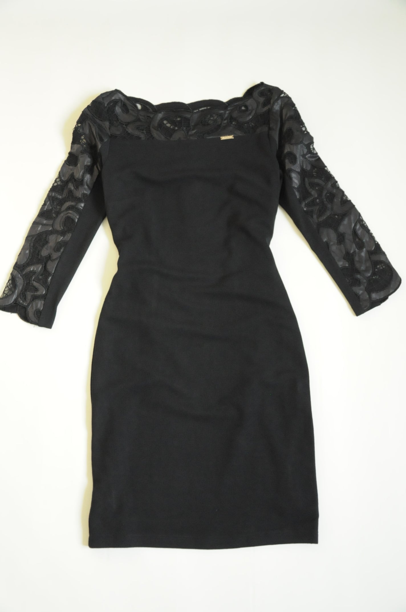 Black Embroidery Detail Ribbed Semi Fitted Dress