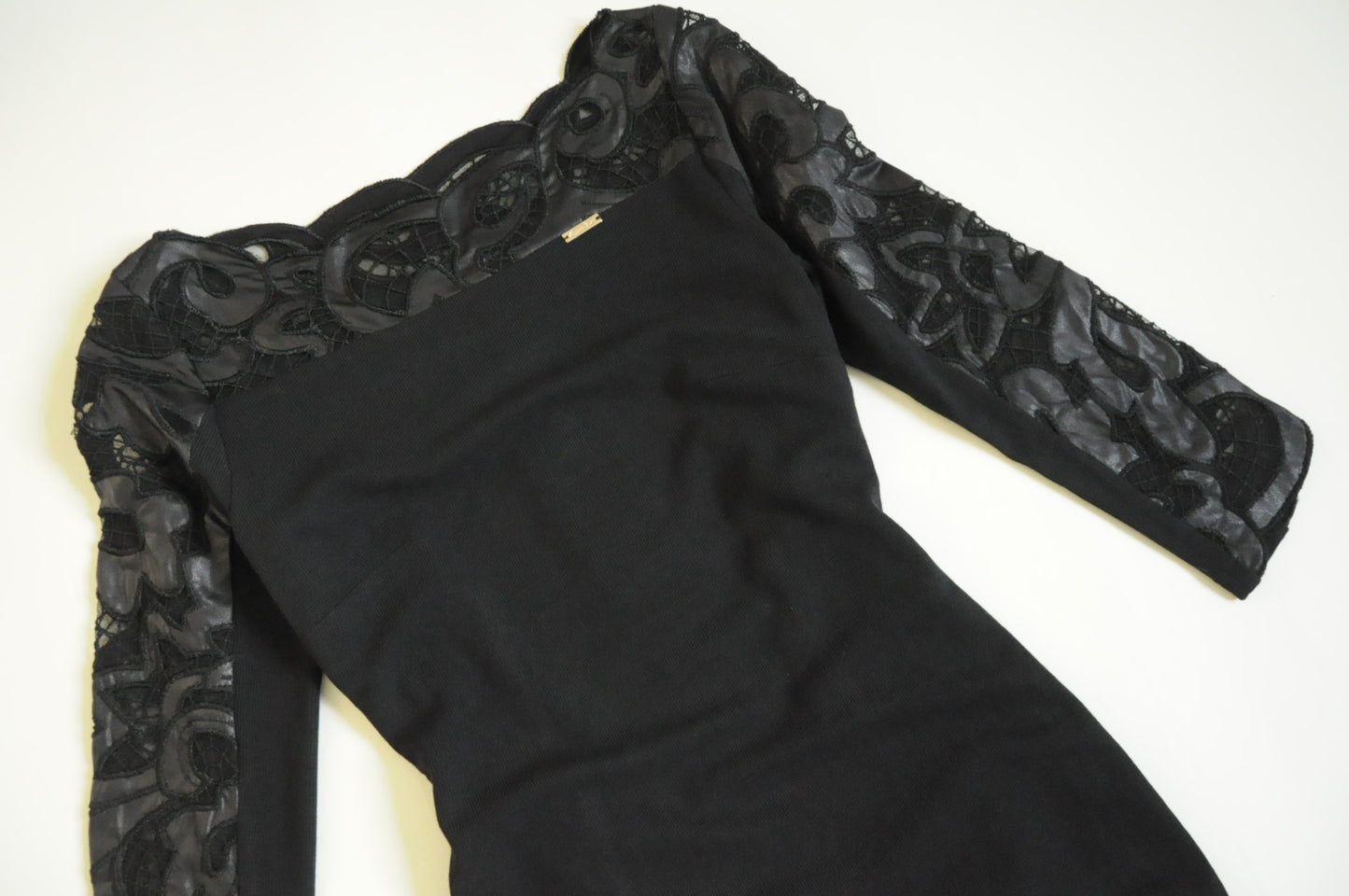 Black Embroidery Detail Ribbed Semi Fitted Dress