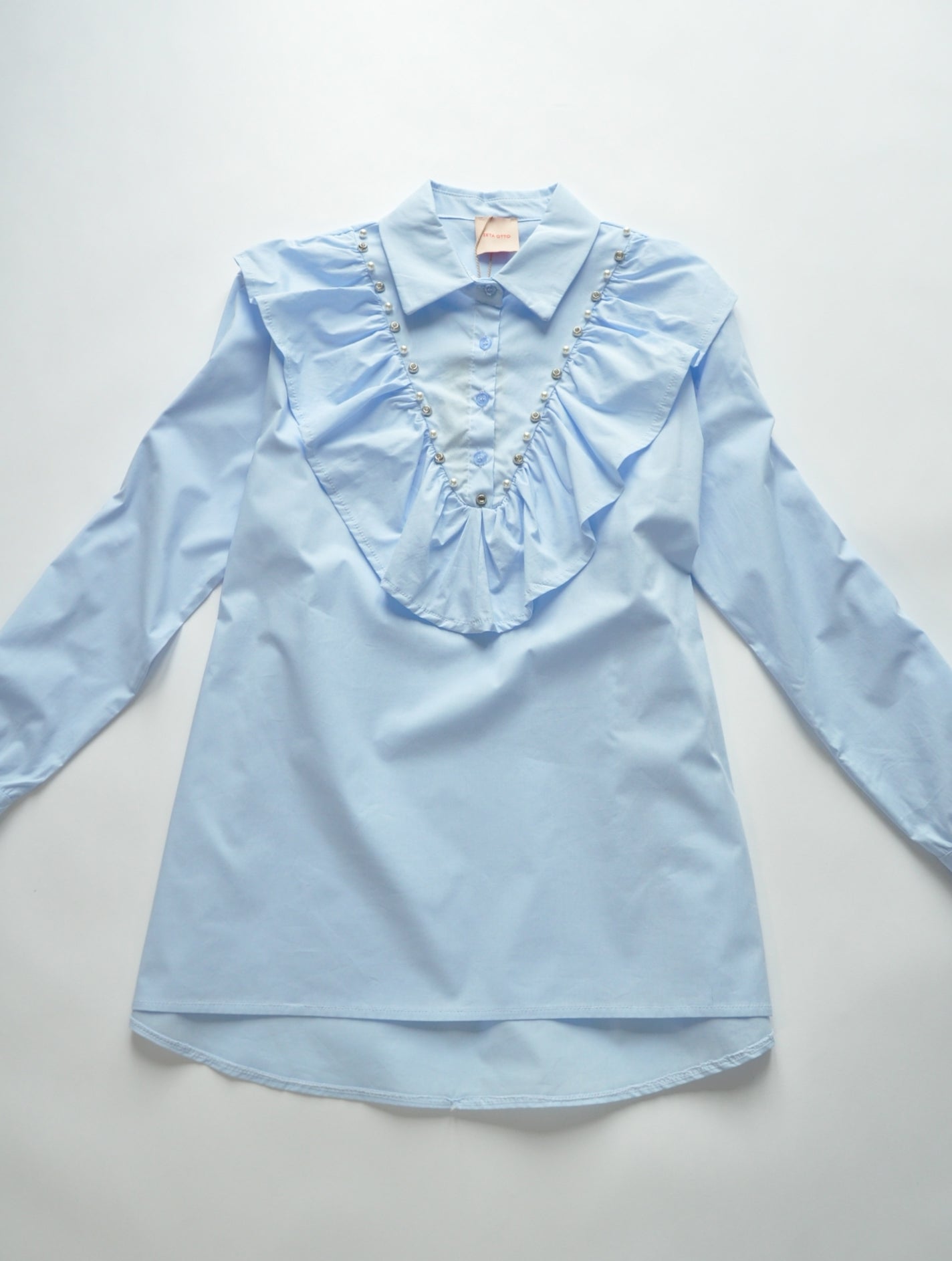 Crystal embellished Baby blue ruffle oversize shirt