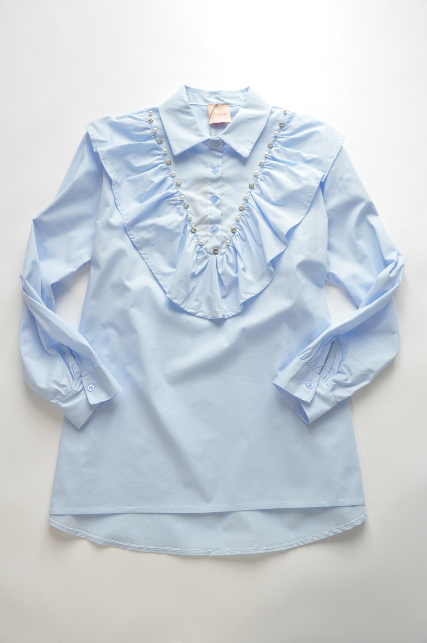 Crystal embellished Baby blue ruffle oversize shirt