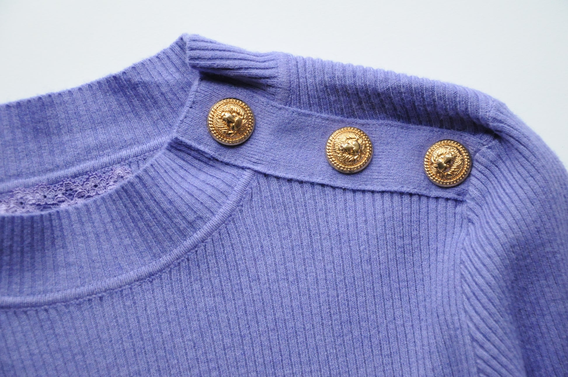 Purple gold button embellished ribbed jumper