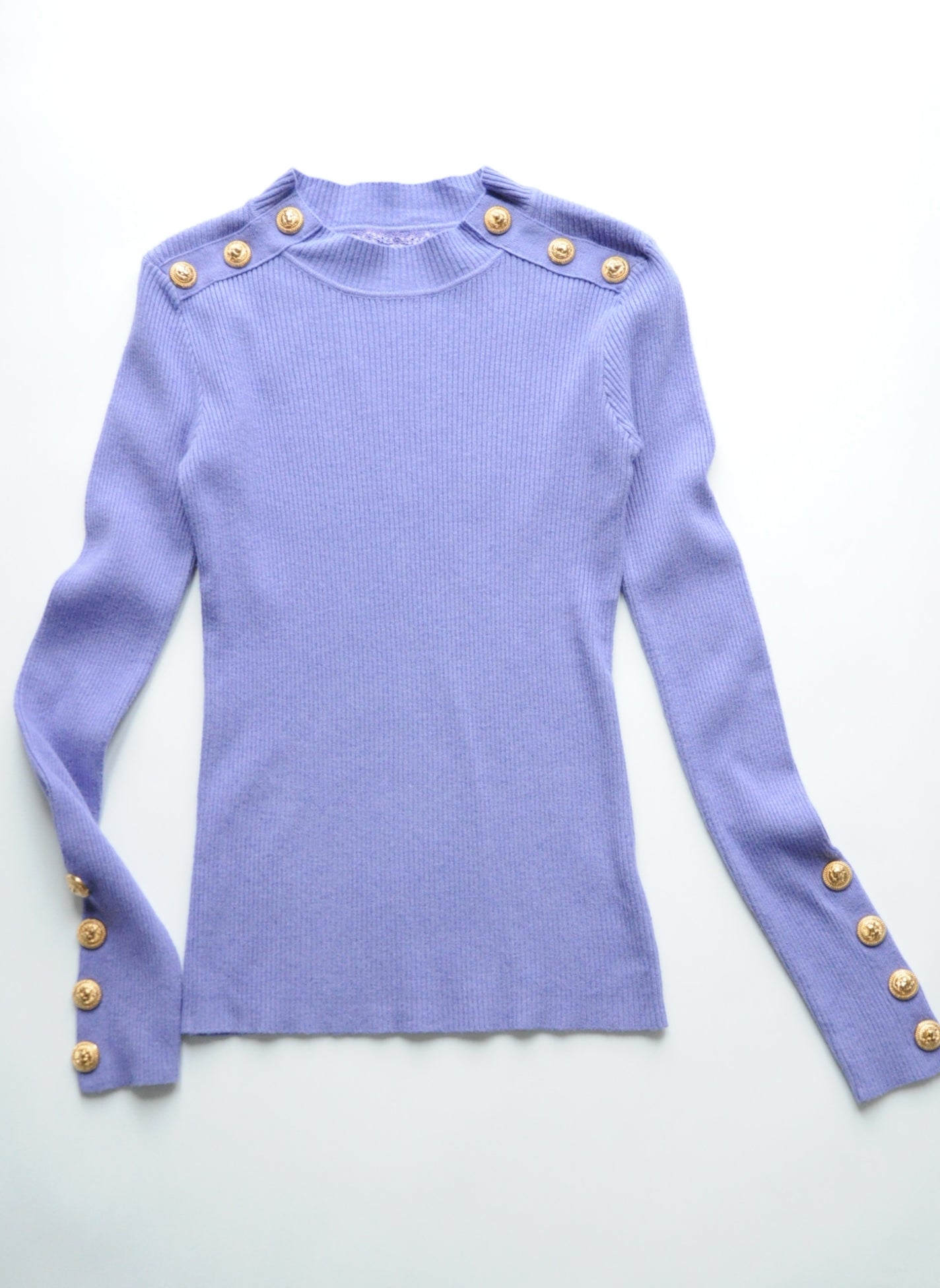 Purple gold button embellished ribbed jumper